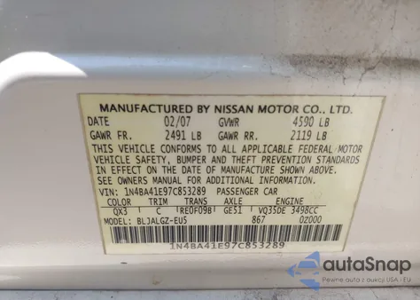 2007 Nissan Maxima Se/Sl from USA, damaged, VIN 1N4BA41E97C853289